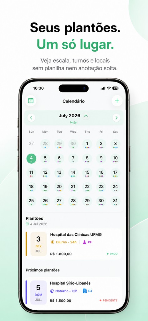 Tela de calendário do DoctorDuty com plantões do dia e próximos plantões