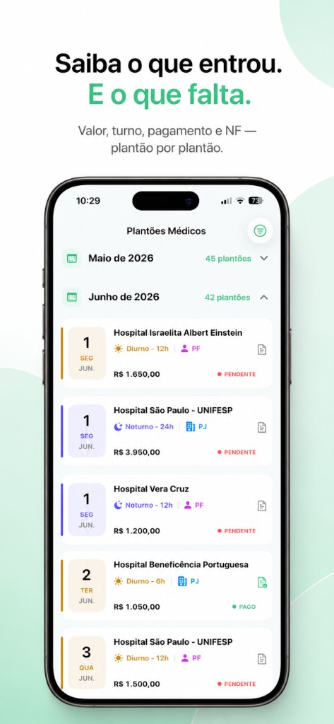 Lista de plantões médicos com status de pagamento e nota fiscal